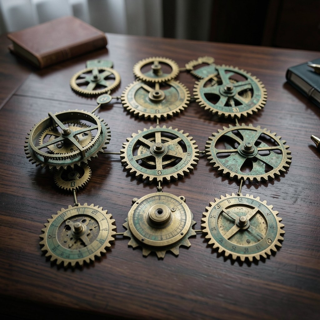 Schéma de processus de consultation en droit social sur un bureau en laiton et bois