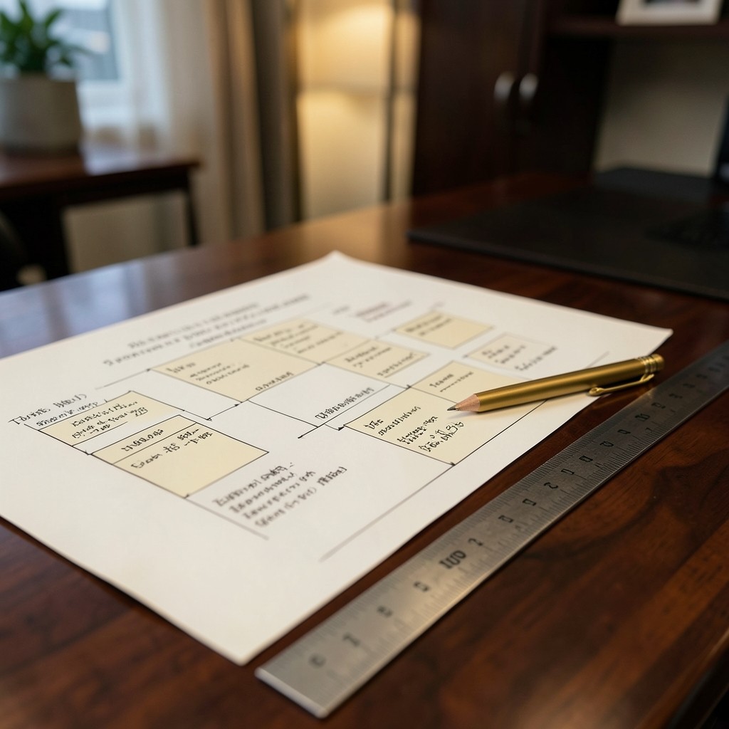 Organigramme d'entreprise annoté lors d'une séance de restructuration